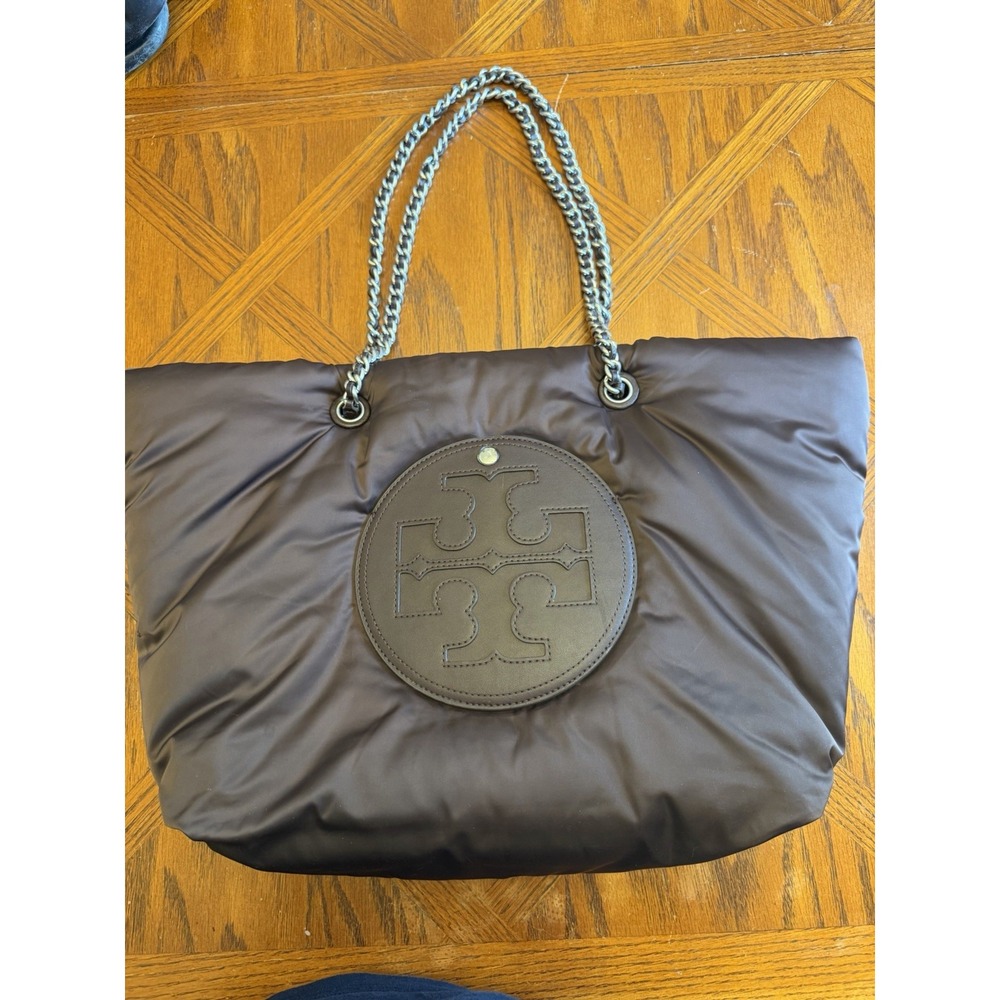 Tory Burch Ella Puffy Chain Tote Brown Tempranillo Nylon Bag Large - Picture 9 of 13